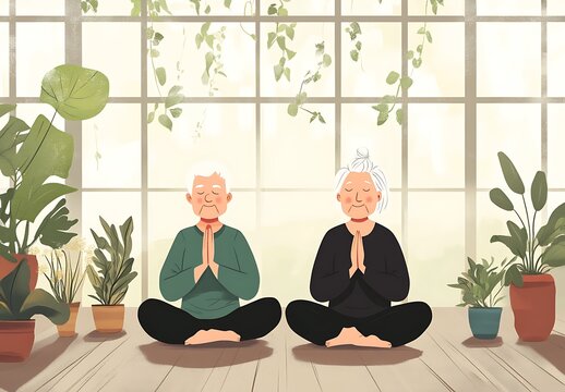 A cartoon illustration of an elderly couple doing yoga in the living room, international yoga day concept
