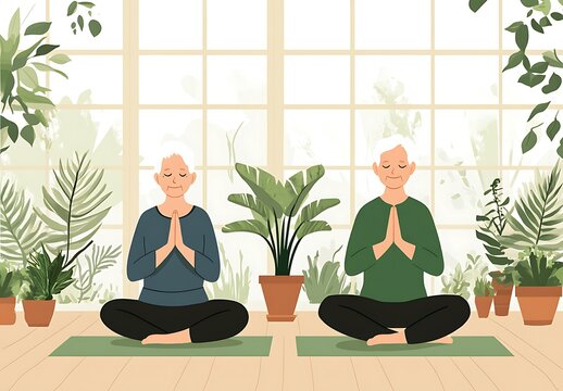A cartoon illustration of an elderly couple doing yoga in the living room, international yoga day concept