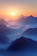 Fototapeta premium Foggy mountains at sunrise. The sun is rising behind the peaks, casting long shadows over a sea of mist that fills every nook and cranny in between the mountain range. 