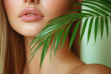 Fototapeta premium A close-up of a woman's face with glossy lips, partially obscured by a green palm leaf, creating a natural and serene aesthetic.