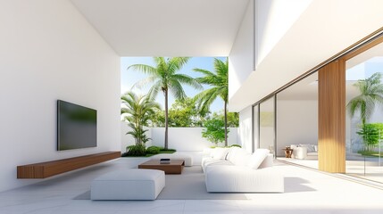 Fototapeta premium Bright and Airy Minimalist Living Space with Natural Light and Tropical Plants Inviting Tranquility and Comfort in a Serene Indoor-Outdoor Environment