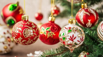 Obraz premium Red and white Christmas ornaments hanging on tree