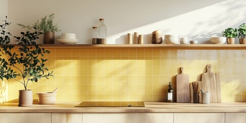 Fototapeta premium Modern Kitchen Decor With Yellow Tiles And Plants
