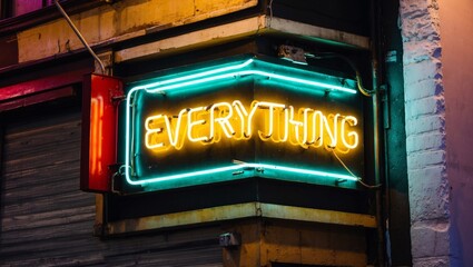 Neon Sign on a Weathered Urban Street Corner Illuminating the Night with the Word 'Everything' in Bold Yellow Letters Surrounded by a Warm Glow