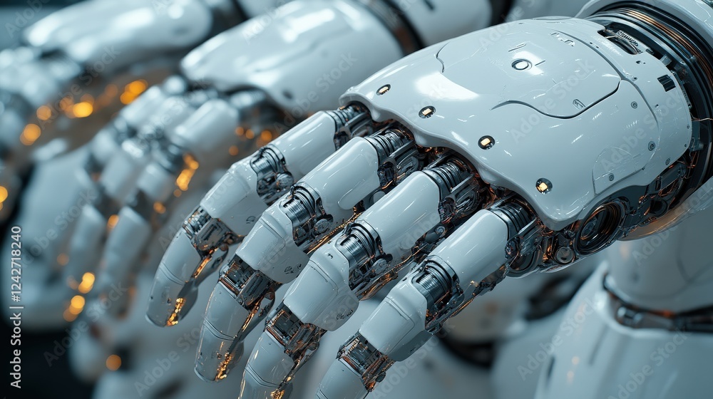 Poster close-up of futuristic robotic hands showcasing intricate design and technology in a modern lab