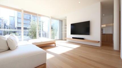 Fototapeta premium Modern Sleek Living Room Design with Natural Light and Minimalist Aesthetic Enhancing Relaxation and Comfort for Contemporary Homes