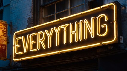 Obraz premium Neon Sign on a Weathered Urban Street Corner Illuminating the Night with the Word 'Everything' in Bold Yellow Letters Surrounded by a Warm Glow