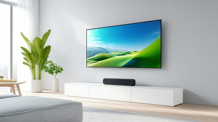 Modern Smart Home Entertainment Setup Featuring Sleek Television and Elegant Green Landscape Displayed on Wall with Stylish Furnishings