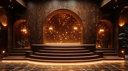 Obraz premium Dark wood stage, arched alcoves, glowing backdrop, luxury interior, product display