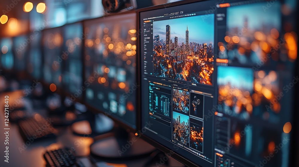 Aufkleber a vibrant city skyline at dusk displayed on multiple computer monitors in a modern workspace
