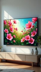 Wall-mounted TV shows a garden of blossoming flowers, colorful, floral