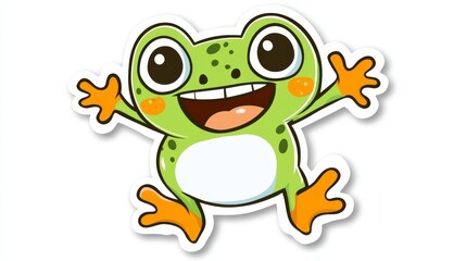 Obraz premium Happy cartoon frog jumping, white background, playful illustration, children's book