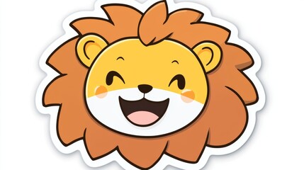 Happy cartoon lion head sticker, joyful expression, white background, children's book illustration