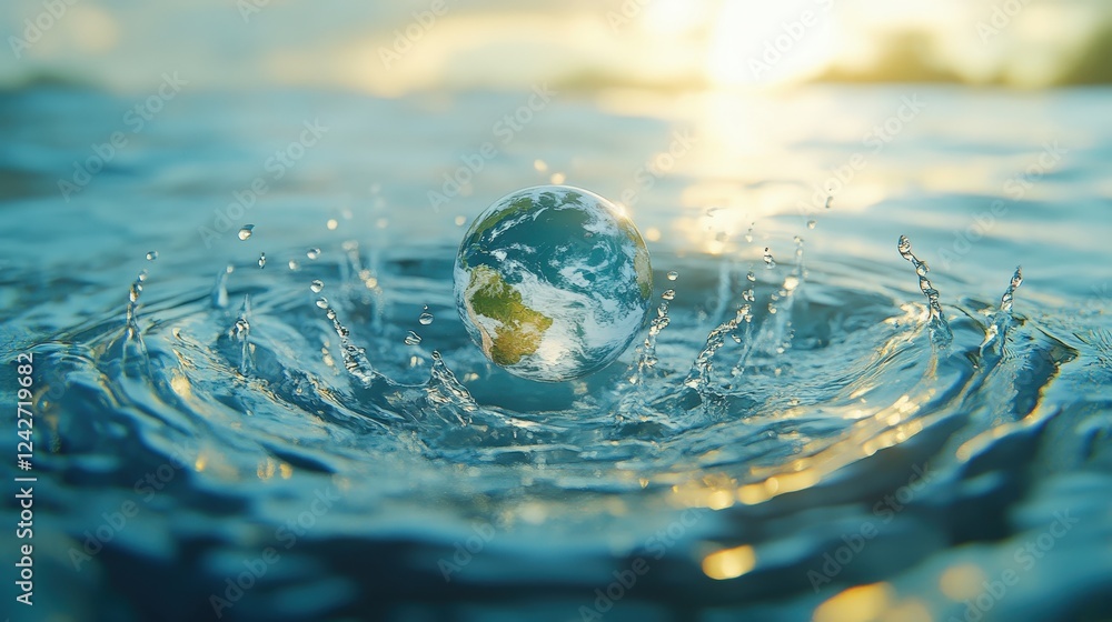 Poster a symbolic representation of earth as a drop of water creating ripples in a calm ocean during sunset