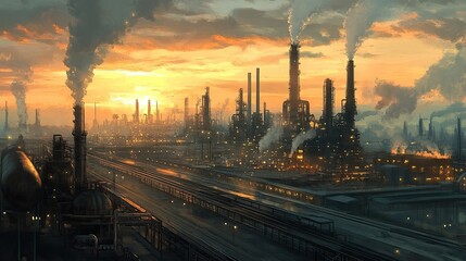 An oil refinery producing energy on a massive industrial scale, with pipelines and machinery everywhere.