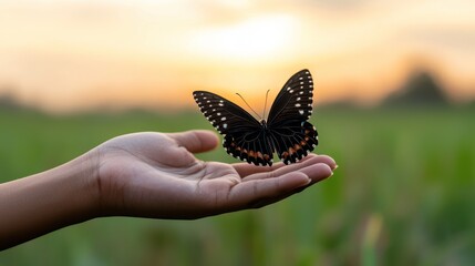 A hand gently holds a butterfly against a sunset backdrop in a lush green field.