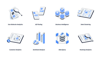 Data analytics isometric icon set. Containing User Behavior Analytics, Data Query, Business Intelligence, Data Clustering, Customer Analytics, Sentiment Analysis, A/B Testing and Heatmap Analytics.
