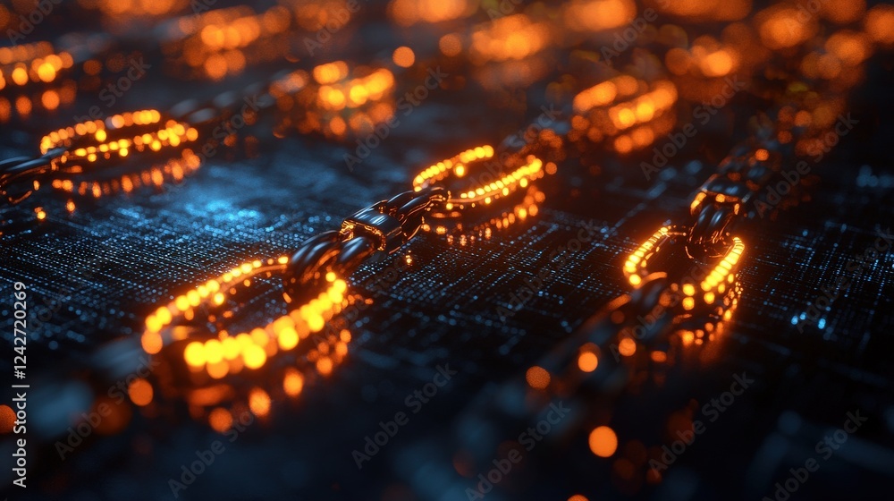 Aufkleber close-up of glowing digital chains on a circuit board, symbolizing blockchain technology and innovat