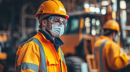 Industrial workers using personal protective equipment (PPE) while operating heavy machinery.