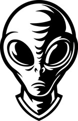 Illustration of a head of alien. Alien head. UFO. Cryptozoology. Design element for logo, label, sign, poster, card. Vector illustration