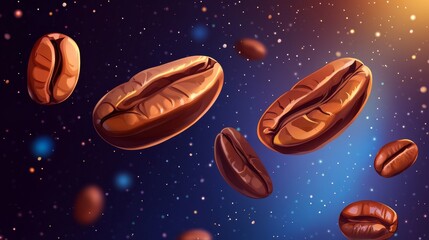 Fototapeta premium Coffee Beans in Cosmic Space with Colorful Background and Stars