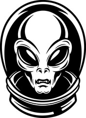 Illustration of a head of alien. Alien head. UFO. Cryptozoology. Design element for logo, label, sign, poster, card. Vector illustration