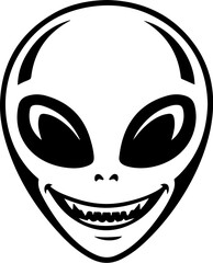 Illustration of a head of alien. Alien head. UFO. Cryptozoology. Design element for logo, label, sign, poster, card. Vector illustration