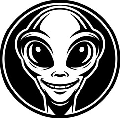 Illustration of a head of alien. Alien head. UFO. Cryptozoology. Design element for logo, label, sign, poster, card. Vector illustration