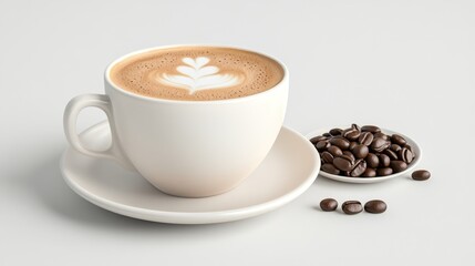 Fototapeta premium Warm Coffee Cup with Latte Art and Fresh Coffee Beans on White Surface
