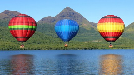 Fototapeta premium Hot air balloons float over lake, mountains