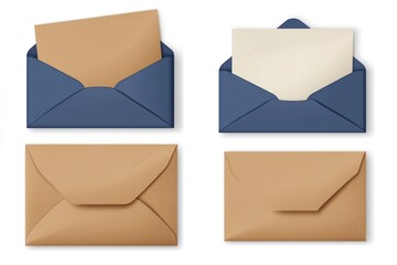 Blue and brown envelopes, stationery, paper, message, communication, white background, graphic design