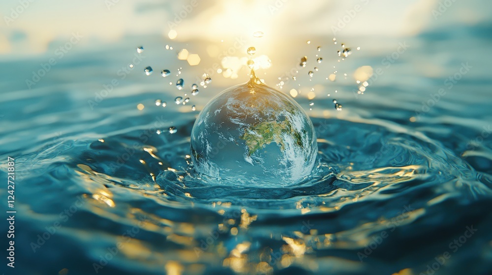 Aufkleber a symbolic representation of earth as a drop creating ripples in water during sunset with glowing li