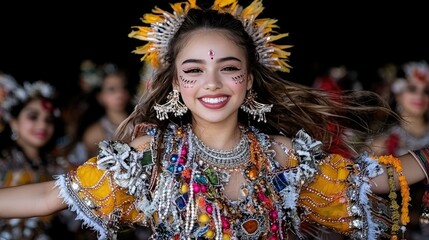 Smiling dancer in vibrant costume, festival performance, blurred dancers background, cultural event