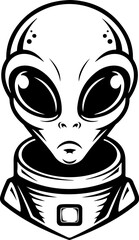 Illustration of a head of alien. Alien head. UFO. Cryptozoology. Design element for logo, label, sign, poster, card. Vector illustration