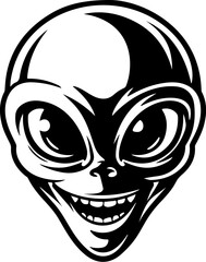 Illustration of a head of alien. Alien head. UFO. Cryptozoology. Design element for logo, label, sign, poster, card. Vector illustration