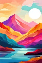 Abstract Landscape With Mountains, Lake, and Colorful Sunset the AI Image Generator,