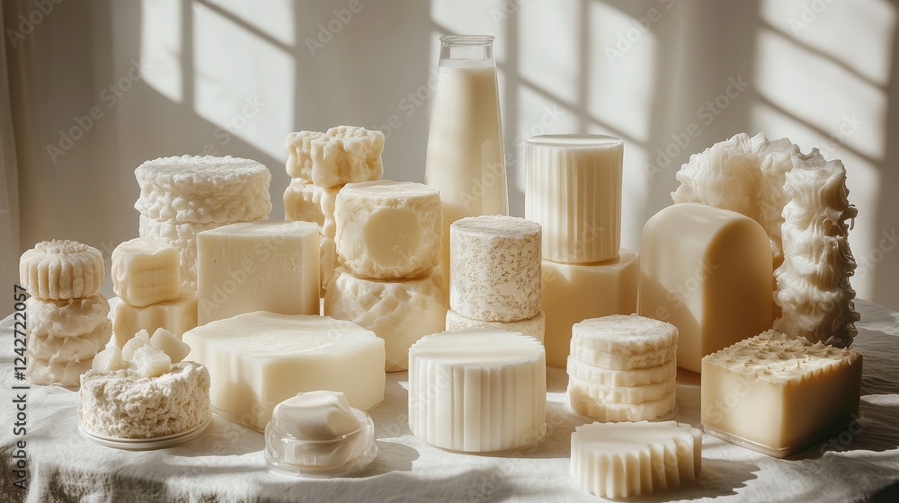 Poster assorted handmade soaps displayed artistically on a table with soft natural lighting