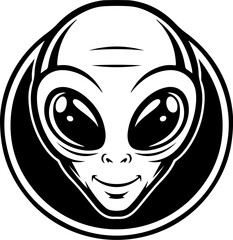 Illustration of a head of alien. Alien head. UFO. Cryptozoology. Design element for logo, label, sign, poster, card. Vector illustration