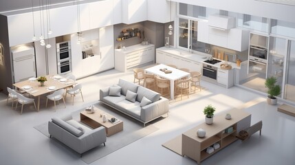 3d isometric rendering of a sophisticated white kitchen and contemporary living room in a large house