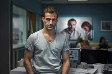 Fototapeta premium A man in a gray shirt stands in front of a painting of three people