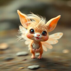 A picture of a charming fairy creature, funny, with elegant and refined facial features. Motion blur shows graceful movements. Warm, attractive color scheme