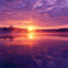 Magnificent Sunrise Over Serene Lake with Misty Reflections and Silhouetted Trees