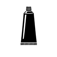 Tube Packaging Icon: A simple, yet versatile black silhouette of a tube container, perfect for representing various products like creams, ointments, pastes or paints.  Ideal for packaging design.