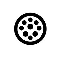 Film Reel Icon: A simple, bold black and white icon of a classic film reel, symbolizing cinema, movies, and filmmaking.  Perfect for websites, apps.