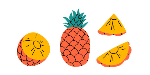 Set of abstract vector pineapple. Simple pineapple. Tropical fruit collection design for interior, poster, banner.