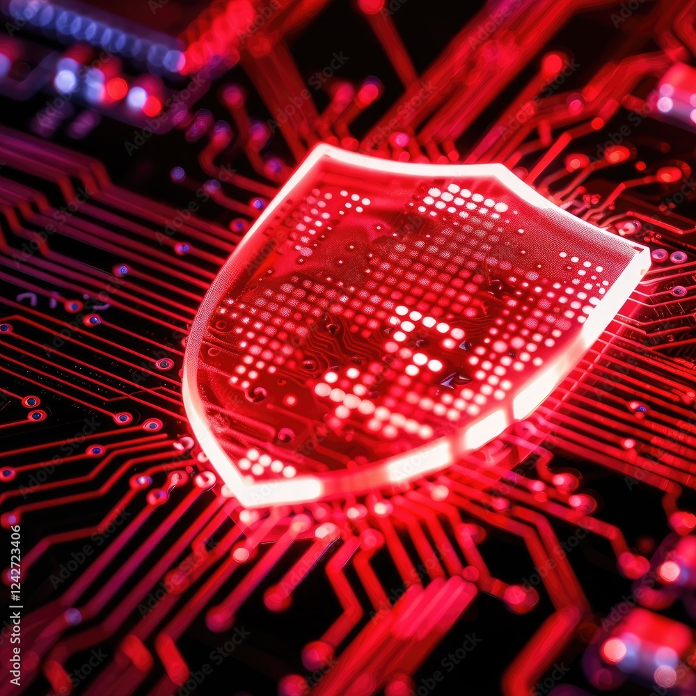 Poster digital security icon with circuit board background in red color