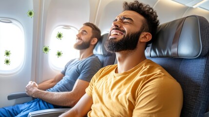 Fototapeta premium Traveler Enjoying a Comfortable Airplane Seat While Sitting Next to Smiling Passenger, Captured in Aircraft Interior with Clear Window View and Cabin Atmosphere
