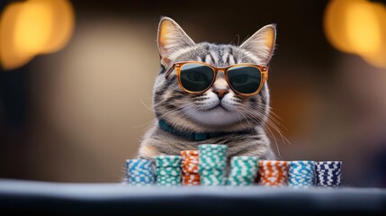 Cool Cat Playing Poker in a Blurred Night Background