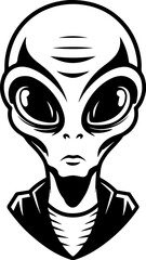 Illustration of a head of alien. Alien head. UFO. Cryptozoology. Design element for logo, label, sign, poster, card. Vector illustration