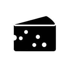 Cheese Icon: A simple and bold black silhouette icon of a cheese wedge with holes. Perfect for minimalist designs or food-related branding.